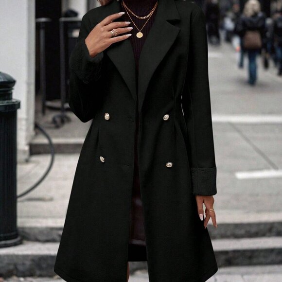 Jackets & Blazers - Black Casual Women's Lapel Neck Double Breasted Overcoat